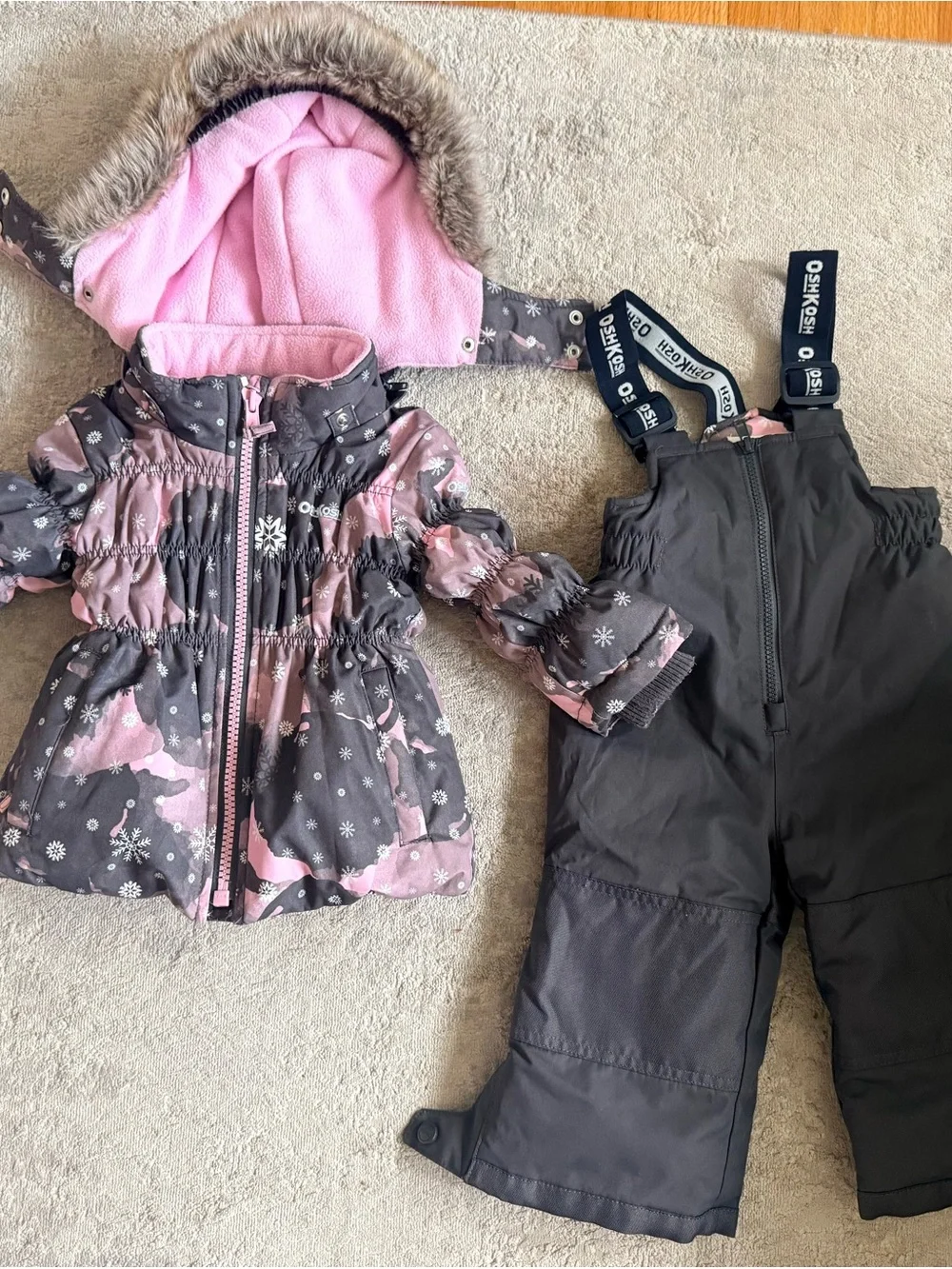 18m OshKosh B'gosh Pink & Gray Girls Snow Jacket with Bib Snow Pants
